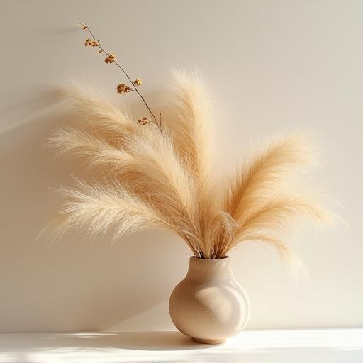 Una composizione artistica con fiori secchi e pampas.