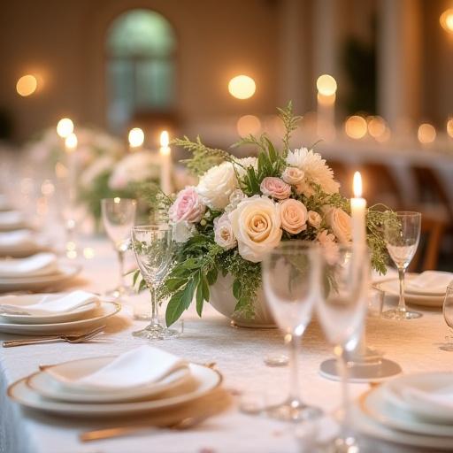 Un tavolo da ricevimento di matrimonio elegantemente decorato con fiori.